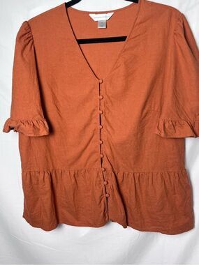 Christopher & Banks Terracotta Button-Front Linen Blend Peplum Blouse